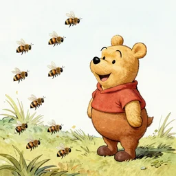 Winnie The Poo is being killed by many bee stings in the style of E. H. Shepard