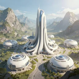 a concept art of a magnificent and high - tech white round and olivary building in the middle surrounded by mountains with other round and olivary houses in a sunnypunk style, 4 k, in detailed,