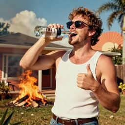 a redneck man wearing a tank top, sunglasses, drinking vodka, doing a thumbs up gesture, laughing at his house being on fire, high quality, very detailed, a beautiful retrowave artwork, trending on artstation