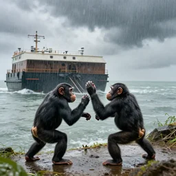 3 Chimps Fighting on the Ramp to Noah's Ark as it Starts to rain, photorealistic