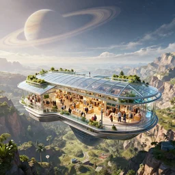 a glass solarpunk shopping center suspended over a valley on another world with aringed planet on the horizon by robert mccall and john berkey | ralph mcquarrie :. 5 | unreal engine :. 6 | global illumination, radiant soft light, detailed and intricate environment