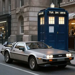 of a DeLorean parked in front of Dr.who's Tardis 4k photorealism ultra high quality