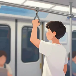 bright flowey digital art painting music video cartoon style of a sidewards view of a man holding onto a subway train handle while his lower half is being sucked up by a dark void. dark void almost overflowing a horizontal guy as he tries to cling on and escape.