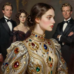 extra perfectness women, amateur, sweetest face, mid shot, right face anatomy, fashion model type, expansive dress with treasure's, gorgeous, extremely high details quality, bao phan, viktor safonkin, bruce pennington, larry elmore, norman rockwell, intricate, hyperrealistic oil painting on canvas, deep depth field, hd, hdr, 4 k, 8 k