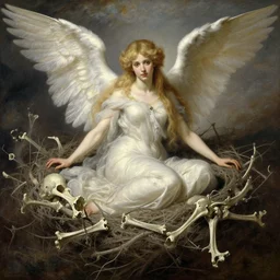 full body portrait of seraphim queen sitting in her nest of bones, highly detailed painting by gaston bussiere, craig mullins, j. c. leyendecker, 8 k, mid shot