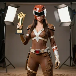 professional photo earth woman power ranger!!! studio lighting, very detailed, unreal engine, canon photo!!!!, professional lighting, good composition, rule of thirds, winning award photo, real, earth woman power ranger, brown, color of mud