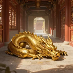 golden mythological Chinese dragon sleeping in the sunny hallway of ancient castle, trending on art Station by hong leung