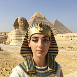 Selfie of Cleopatra in Giza, the Pyramids in the background, 49 BC
