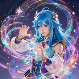 girl sorcerer with blue hair, learning how to use magic. radiating colorful energy. photorealistic, magical atmosphere,, holographic undertones, highly saturated colors, by kan liu, andreas rocha, guillaume tholly, gthl. art, makoto shinkai, genshin impact, breath of the wild, studio ghibli. trending on artstation. award winning, daily deivation
