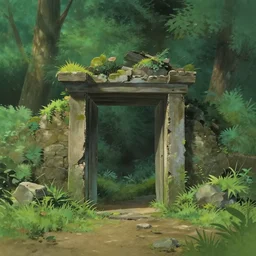 a portal in ruins. in a landscape like forest. in the style of studio ghibli
