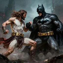 jesus fighting batman renaissance art by greg rutkowski and james gurney action cinematic wallpaper hyperrealistic atmospheric