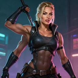 highly detailed digital art, masterpiece portrait muscular margot robbie cyberpunk warrior female clothed, cyberpunk character portrait, dynamic pose, ambient lighting, perfect face, 4 k realistic, intricate detail, digital painting, artstation, wlop, van heroes, franks, vaporwave