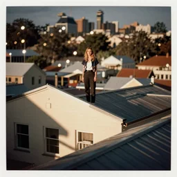 lomo photo of adelaide kane standing on the roof of building, small town, cinestill, bokeh, out of focus