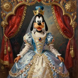 painting of Goofy as a young Russian princess, oil painting, high quality, coherent, 8k, highly detailed, Rococo, Neoclassicism, Romanticism, symmetry, vivid, fancy, elegant