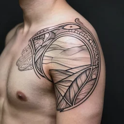 straight mirrored minimalist art nouveau left shoulder tattoo, wide, intricate detail, simple lines