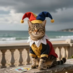 A cat with jester hat and clothes on the front of a Balustrade with a beach on the background, major arcana cards, by paul delaroche, hyperrealistic