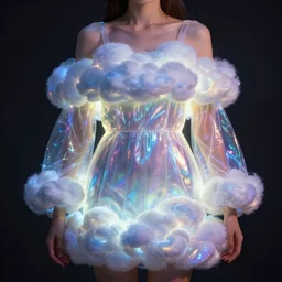 a woman wearing cloud clothes, clothes that look like clouds, stormy clothing, ambient lighting, luminous, radiant, glowing, iridescent, lustrous, shimmering, brilliant, vivid
