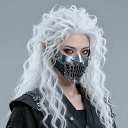 highly detailed portrait of wasteland punk long curly white icey shard hair cyberninja samurai mask lady, stray wiring by atey ghailan, james gilleard, by joe fenton, by greg rutkowski, by greg tocchini, by kaethe butcher, 4 k resolution, gradient blue, cyan, black and white color scheme!!! ( ( snowy glaciated robotic dystopian city background ) )