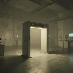 screenshot of game on unreal engine 5, a large empty lab with a security checkpoint, photorealistic, retrofuturism, brutalism, minimalist, soft vintage glow