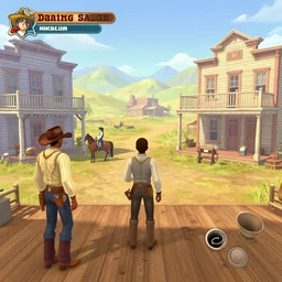 screenshot of gameplay dating simulator game set in 1 8 6 4, interior of old west saloon, featuring african american and japanese cowboys and cowgirls in ghost town with buildings painted bright pastel colors, morning light with mountains in the background