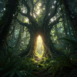 horrific, shining portal embedded in a creepy tree in a densely overgrown, magical jungle, fantasy, dreamlike sunraise, ultra realistic, atmospheric, stopped in time, epic