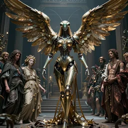 still frame from Prometheus movie by Makoto Aida, biomechanical mantis angel archangel gynoid by giger, metal couture by neri oxmn and Guo pei, editorial by Malczewski and by Caravaggio