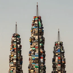 giant towers made up of colourful squatter shacks and makeshift shelters, suspension, mamiya, uniform plain sky, fine details, minimalist, photographed by frans lanting
