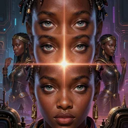 african guild of thieves, science fiction, highly detailed, digital painting, beautiful eyes, symmetry, concept art, sharp focus, illustration, global illumination, radiant light, synthwave colors, detailed and intricate environment, art by artgerm and greg rutkowski and magali villeneuve and ilya kuvshinov!