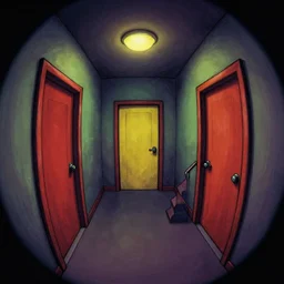 a theater access corridor with dim lights, 3 doors, 1 staircase, color draw, day of the tentacle style, fish eye, drawn by Scott C