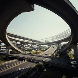 a still from elysium by ian mcque - multiple circular interconnected highway overpass interchange, dramatic lighting, midday above a 4 - lane highway, medium 7 0 mm lens, low camera angle looking up, behance favourite, artstation trending, deviant art,