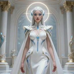 detailed portrait ultra glam cyber noun, attractive feminine curves, gorgeous, intricate, scifi, futuristic, elegant cape, elegant, alien room background, white, blue, gold, photorealism, trending on artstation, holy halo, advanced technology, art by moebius and vitaly bulgarov and chanthara