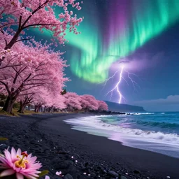 seiganto - ji in japan theme on holokalani black beach of maui in royal blue antelope canyon during sakura season on an interstellar aurora borealis with heavy thunder and lightning, pink waterfalls, passion flower, by peter mohrbacher, james jean, james gilleard, greg rutkowski, vincent di fate, rule of thirds, octane render, beautiful landscape