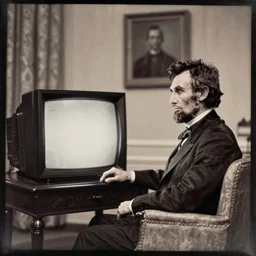 high quality daguerreotype of abraham lincoln watching a wide-screen television in the oval office