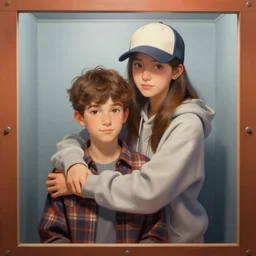 a girl in hoodie and baseball cap wrapping arms around a brown haired boy in plaid shirt in a photobooth, artstation portrait painting, ultra detailed matte painting