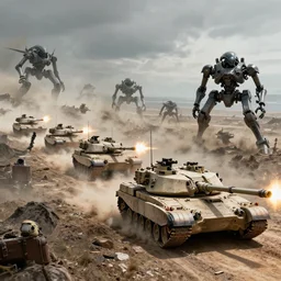 an M1A1 Abrams tank platoon lined up at a ridge and shooting at invading alien mechs, by Greg Rutkowski, warfare, sci-f, 4k, detailed, gritty, wide shot, mechs visible mechs visible mechs visible