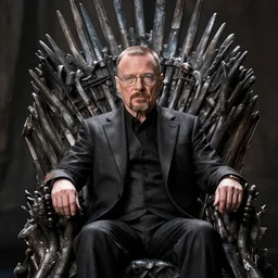 walter white without glasses sitting on the iron throne from game of thrones