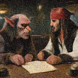 a goblin with a large nose and a pirate with a bandana negotiating a contract with Micheal Morbius in a Western saloon. Realism
