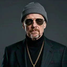 Walter White with aviators and a grey beanie while wearing a black turtleneck and plaid green blazer with golden chains around his neck, Realistic, 4k Resolution, 8k Resolution, Detailed, Very Detailed, Highly Detailed, HD Quality, Digital Art, Trending on Artstation, in the style of James Lee