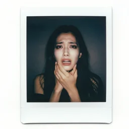 portrait of woman. photo, surreal, harsh lighting. polaroid type 6 0 0. fear. unnerving. supernatural. horror. agonizing pain