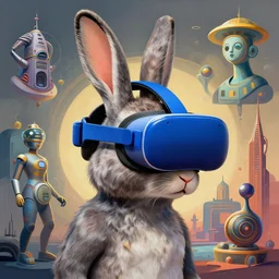 rabbit groot blue vr glasses headset by artstation, deviantart, artfol, artbox, cgsociety, gfxartist, artful, zatista, artpal, instagram, blendernation, frank stella, beeple, giger, kopera, zawadzki, abstract, surrealism, hyperrealism, futurism 4 k, octane