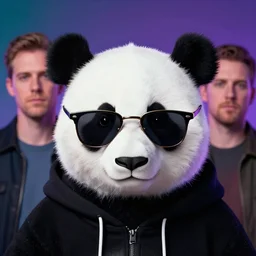 portrait of panda in hoodie in sunglasses, synthwave mood, by greg hildebrandt and michael hutter