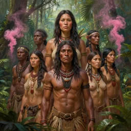 a hyper - detailed 3 d render like an oil painting of tribe member portrait in a tropical forest with pink smoke!!!!! surreal concept art, lifelike, photorealistic, digital painting, aesthetic, smooth, sharp focus, artstation hd, by greg rutkowski, bruce pennington, valentina remenar, rhads, asher duran,
