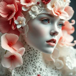 intricate hyper detailed ultra sharp focus 3 d render of a beautiful porcelain ivory fair seductive woman medium shot portrait, close - up, bright 3 point light, alexandre ferra white mecha, iris van herpen cyberpunk mechanical haute couture huge fractal mycelum and fungi filigree lace, rasberry chili red sponge corals, daisies, huge magnolia goliath head ornaments, big embroidered leaves sinuous roots,