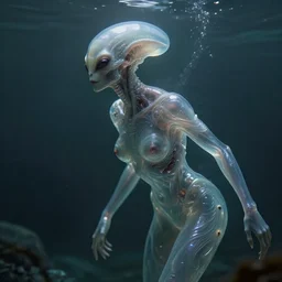ultra realistic horror photo of a dimly lit translucent female alien creature underwater, very intricate details, focus, full frame image, curvy, model pose, artwork by tooth wu and wlop and beeple and greg rutkowski, award winning