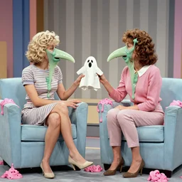 1985 two women on tv talk show wearing a long prosthetic snout nose made of gooey green slime, soft color wearing stripes sitting on chairs covered in soft light blue fabric, pink slime everywhere, grey striped walls, studio lighting 1985 color film archival footage holding a hand puppet that looks like Caspar the Friendly Ghost, 16mm John Waters Russ Meyer Cassavetes Doris Wishman