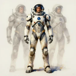 male, full body!!!!!!, space suit with a modern helmet, large shoulders, short torso, long thin legs, tiny feet, character sheet, science fiction, very stylized character design, hyperdetailed, armored technical suit, watercolor digital painting, by mike mignola, by alex maleev, jean giraud, painted by leyendecker