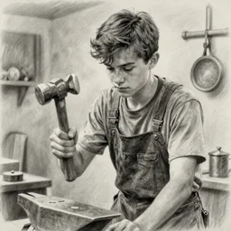 film still of teenage charlie day, working as blacksmith, pencil drawing, greyscale, realistic detailed face, holding hammer, contrast