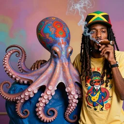 an _ octopus _ as _ cheech _ and _ chong _ with _ a _ jamaican _ cap _ and _ dreadlocks _ smoking _ a _ thick _ cigar _ psychdelic _ multicolored _ 8 _ k _