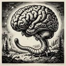 Giant Brain Parasite worm, catalog drawing, wood block print