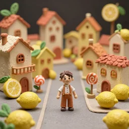 a cinematic film still of a claymation stop motion film about a town made of lemons and candy, shallow depth of field, 8 0 mm, f 1. 8